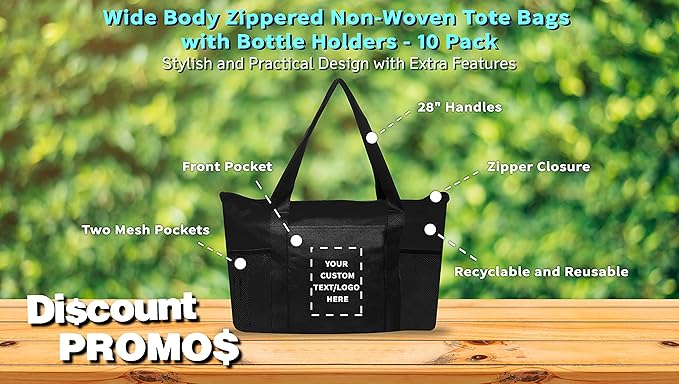 DISCOUNT PROMOS 10 Zippered Non-Woven Tote Bags Set - Customizable Text, Logo - Mesh Pocket, Zippered, Recyclable, Reusable - Black - 19"X14"X3", with Zipper