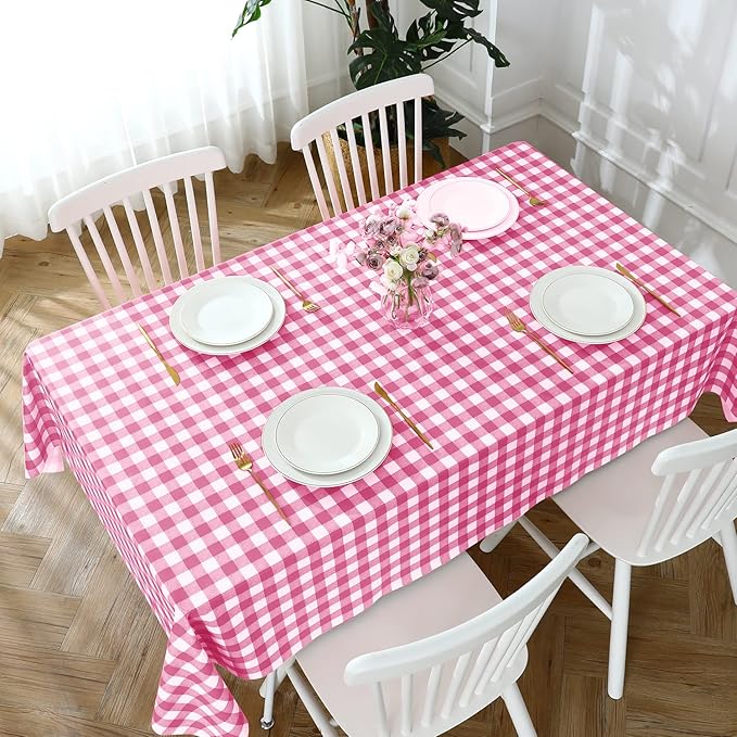 Romanstile Square Vinyl Tablecloth, 100% Waterproof Buffalo Gingham Plastic Table Cloth, Heavy Duty Wipeable Checkered Table Covers for Outdoor, Camping, Picnic, Patio - 54 x 54, Hot Pink