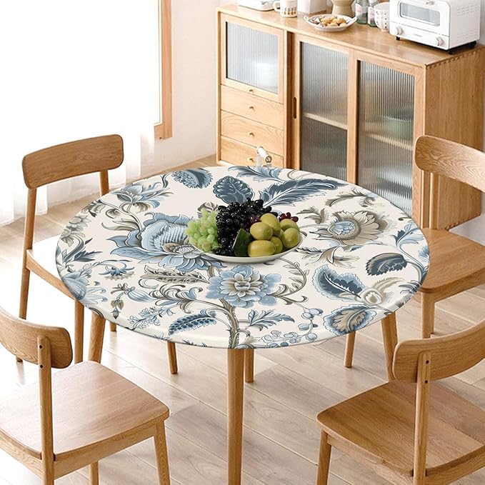 Vintage Floral Round Fitted Tablecloth with Elastic Blue Brown Chinoiserie Flower Circle Table Cloth for 44-48" Round Tables Wipeable Waterproof Elegant Rustic Table Cover for Dining Patio Picnic