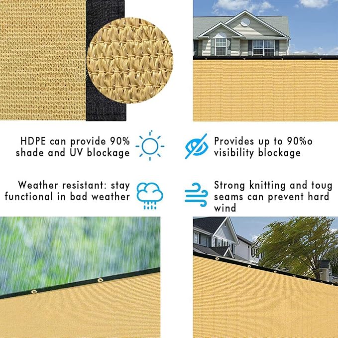 UPGRADE Privacy Fence Screen 4'x49' Sand Outdoor 90% Visibility Blockage 170 GSM Mesh Shade Cover Panels for Backyard,Balcony,Home Decoration with Zip Ties,Customized Avaliable