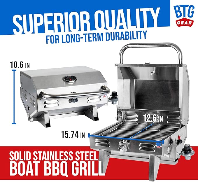 Tailwaves Marine Grill w/Rod Holder Mount | Stainless Steel | Propane BBQ for Boats & Tailgating & Camping | Built in Thermometer | Portable | Fold-away legs