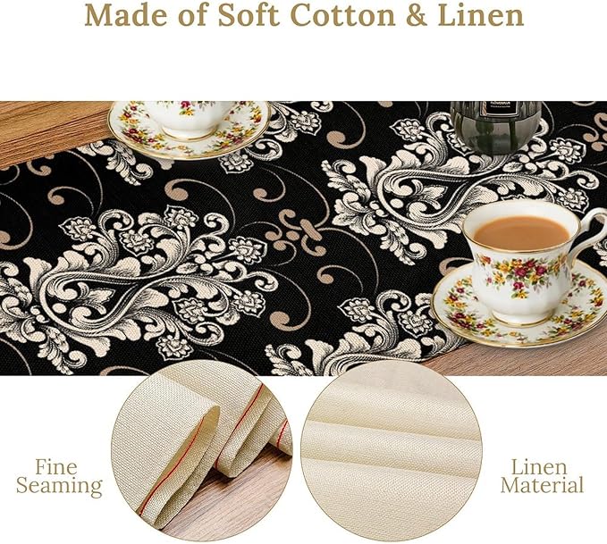 Goth Table Runner, Antique Gothic Damask Pattern Baroque Style Black Floral Flower Exotic Coffee Vintage Table Center Decor for Kitchen and Dining Outdoor Country Party Table Decorations, 13"x90"