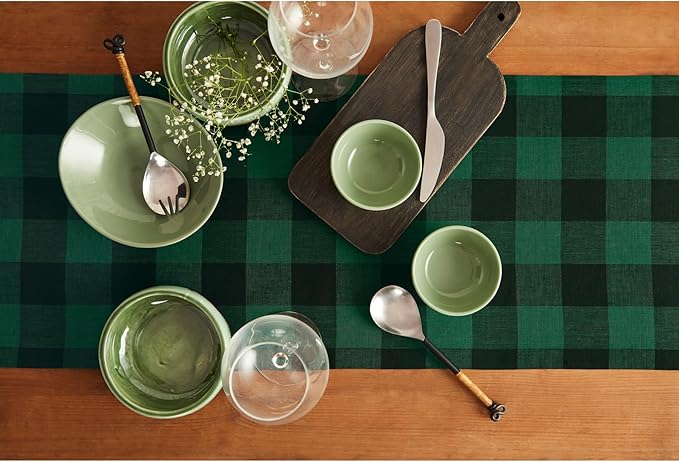 Solino Home Linen Checkered Table Runners 72 Inches Long - 100% Pure Linen Green and Black Buffalo Check Table Runner 14 x 72 Inch Ideal for Dresser, Dining, Winter