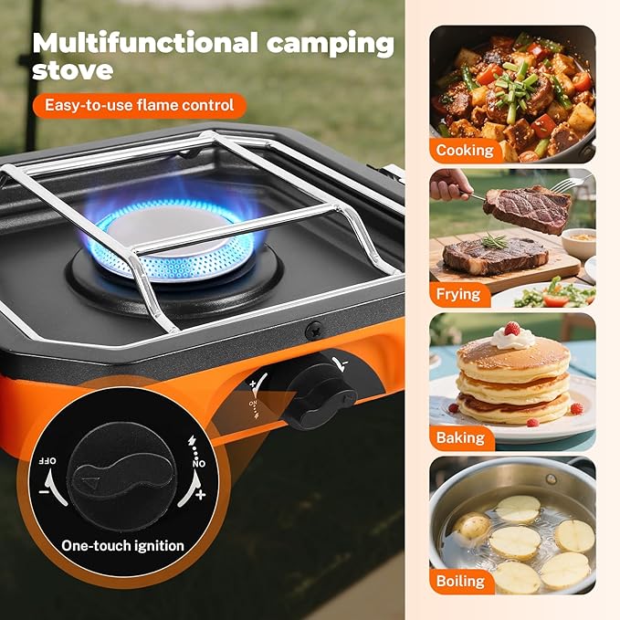 2 Burner Propane Camping Stove With Grill,Portable Foldable Camp Stove With 17000BTU, Two Piezo Ignition Adjustable Windproof Burners forCamping, Grilling, Tailgating, & More (Orange)