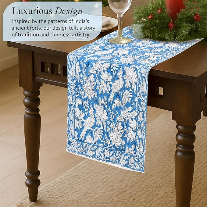 CPC Cotton Table Runner 16x90 Inch Block Printed Long Fall Table Runner for Dining Table, Card Table, Coffee Table, Wedding, Farmhouse & Outdoor Barbeque-Blue Sapphire