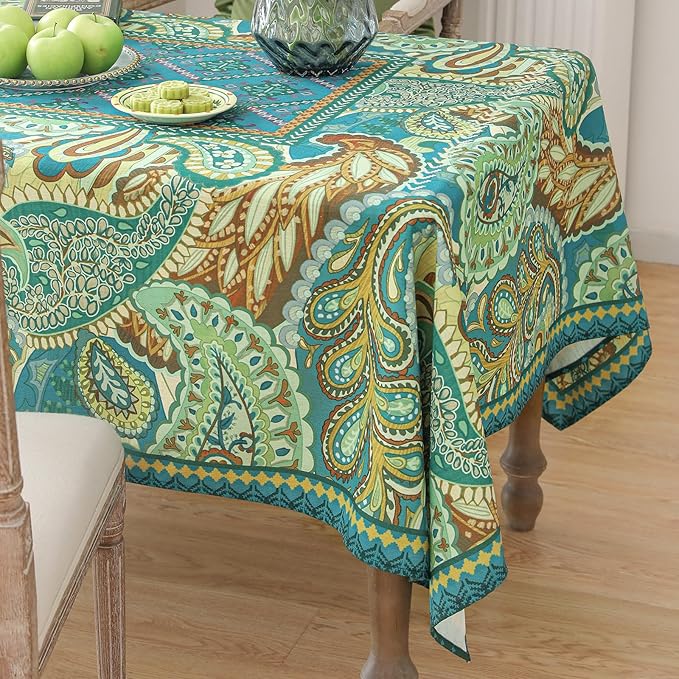 Designer Green Table Cloth Rectangle Table,Vintage Linen Wrinkle Resistant Durable Froal Tablecloth,Decor Table Cover for Home Farmhouse Thanksgiving Living Room Dining 55" × 79"-Milen