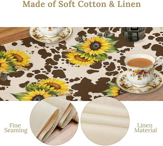 Cow Print Table Runner, Brown Sunflower Cow Print Animal Fur Skin Rustic Cowhide Pattern Table Runner for Kitchen Farmhouse Dining Home Outdoor 13x70in