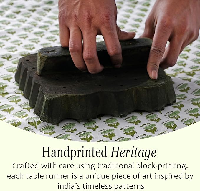CPC Cotton Table Runner 16x108 Inch Block Printed Long Fall Table Runner for Dining Table, Card Table, Coffee Table, Wedding, Farmhouse & Outdoor Barbeque-Emerald Green