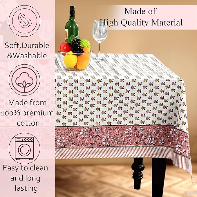 CPC Rosette Bloom Tablecloth 100% Cotton 70x108 Inch Indian Block Print Rectangle Table Cover, Table Cloth for Gifting in Weddings, Halloween, Fall, Christmas, Thanksgiving