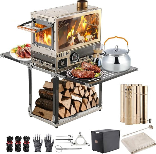 Heavy Duty M8 Wood Burning Stove with Oven, 2100 Cu In Large Firebox,4 Air Inlets, Stainless Steel, Foldable Base & Ash Drawer, 6-Piece Chimney Pipe Kit for Outdoor Cooking, Camping, Off-Grid