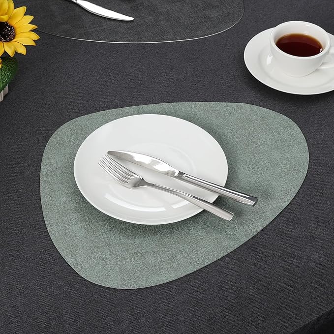 Placemats and Coasters, Washable Reversible Placemats Round Faux Leather Wipeable Place Mats Non Slip Heat Resistant Indoor Outdoor Table Mats (Set of 6, Gray Sage Green)