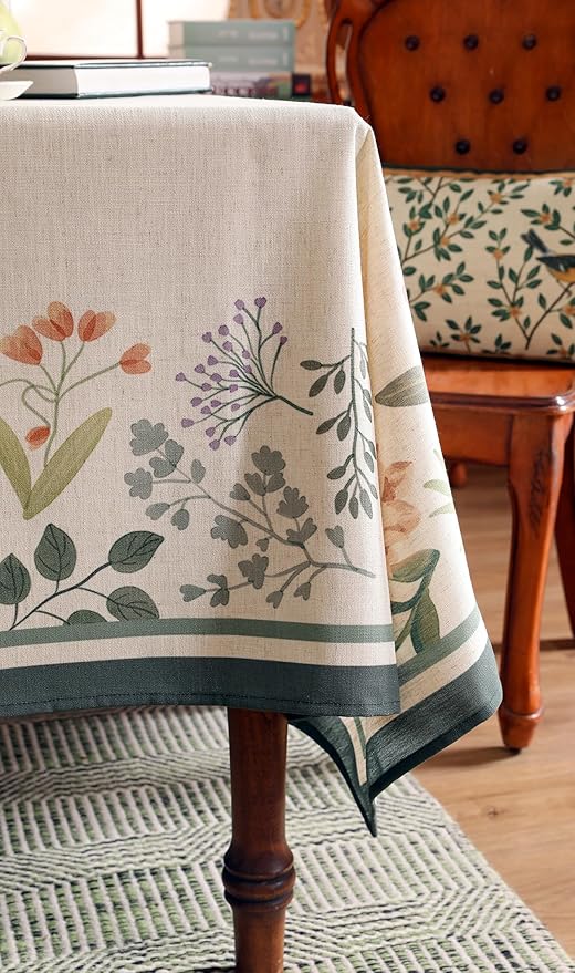 Beige Linen Extra Long Rectangle Tablecloth,Vintage French Shabby Chic Floral Wrinkle Free Table Cloth,Decor Table Cover for Kitchen,Dining,Christmas,Thanksgiving,63"*110"-Manolya
