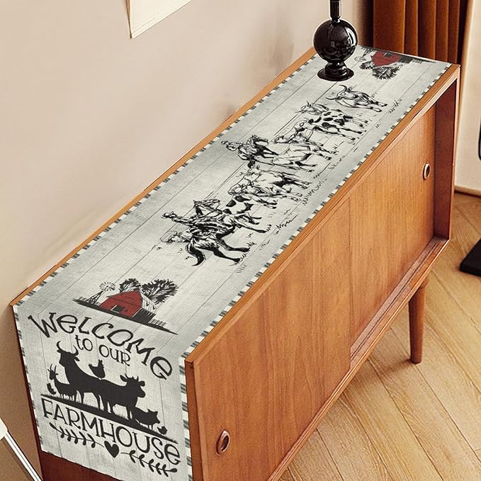 Farmhouse Cow Table Runner, Rustic Rooster Sheep Black White Plaid Animals Farm Coffee Table Center Decor for Home Kitchen Dining Patio Holiday Party Indoor Outdoor Table Decorations, 13"x72"