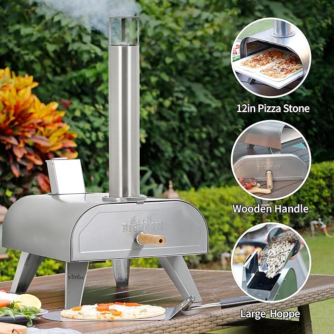 BIG HORN OUTDOORS 12" Multi-Fuel Outdoor Pizza Oven – 3-in-1 Wood-Fired, Gas & Electric Compatible, Pellet Pizza Oven Portable Pizza Maker for Backyard, Camping & Tailgating
