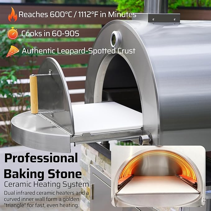 Gas Pizza Oven 16 Inch - 600°C Stainless Steel 304 Table Top Pizza Oven for Outdoor Use, Countertop Pizza Maker with Double-Layer Insulation for Backyard, Patio, Outdoor Kitchen (natural)