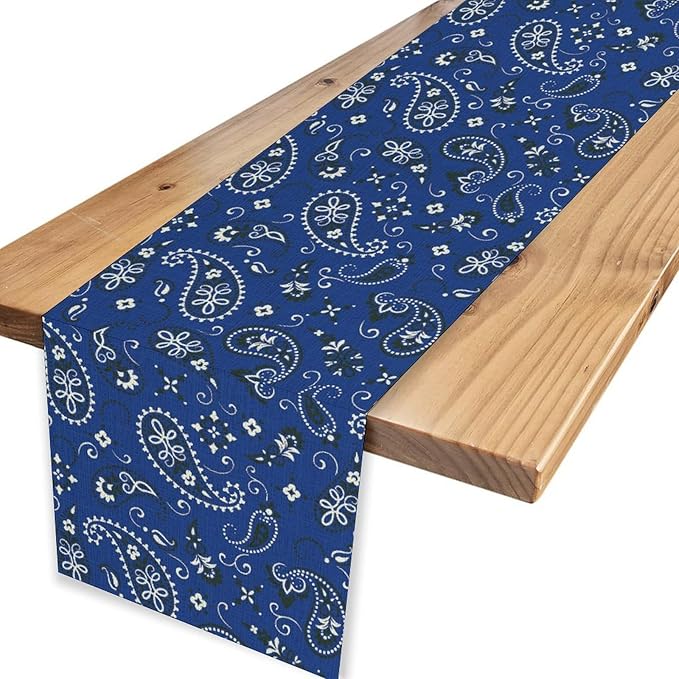 Blue Paisley Table Runner, Vintage Damask Antique Floral Flower Boho Damask Swirled Rustic Coffee Table Center Decor for Family Kitchen and Living Room Outdoor Table Decorations, 13"x36"