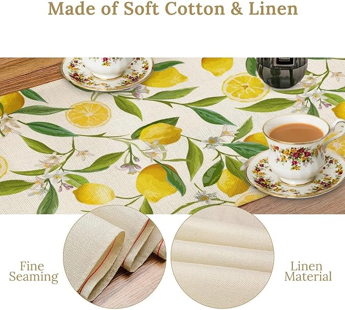 Lemon Table Runner, Summer Fruits Green Leaves Flower Plant Table Runner for Farmhouse Coffee Home Kitchen Dining Party Outdoor 13x60in