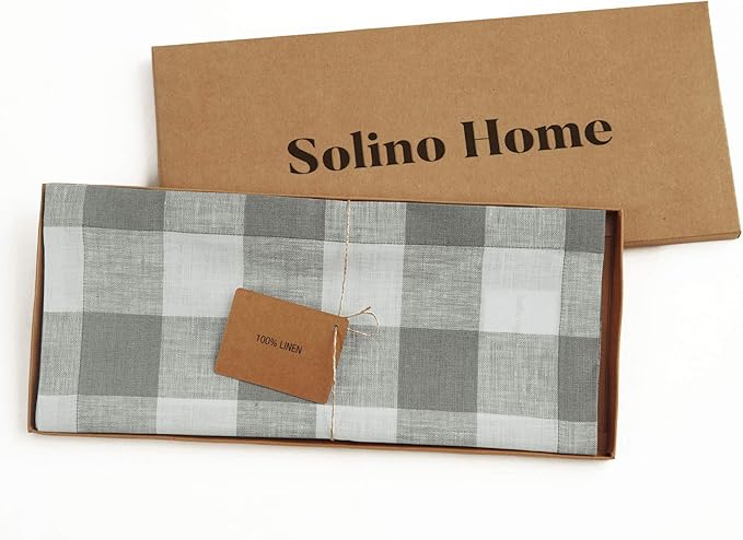 Solino Home Linen Checkered Table Runner 108 Inches Long - 100% Pure Linen Grey and White Buffalo Check Table Runner 14 x 108 Inch Ideal for Dining, Spring, Easter