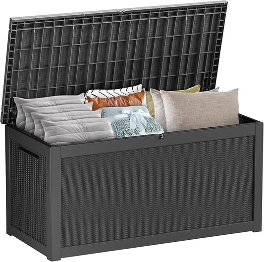 320 Gallon Resin Deck Box, Waterproof Outdoor Storage Box for Patio Furniture Cushions, Garden Tools, and Pool Accessories, Large Lockable UV-Resistant Storage Bin Bench Cabinet for Outside, Black