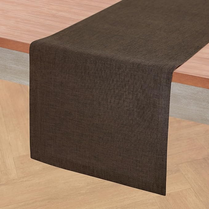 Solino Home Linen Table Runner 90 Inches Long - Athena, 100% Pure Linen Chambray Brown Table Runner 14 x 90 Inch for Dining, Winter