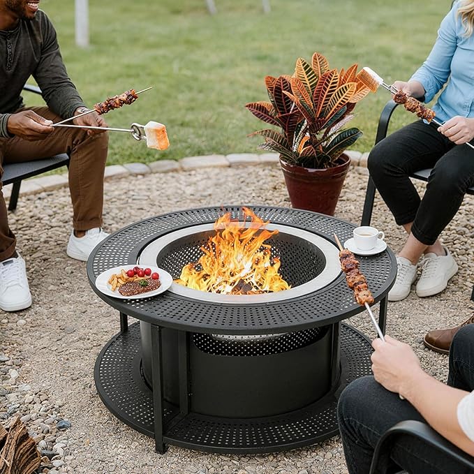 ALAULM 37 Inch Smokeless Fire Pit Tabletop, Stainless Steel Wood Burning Firepit for Outdoor Patio, Includes Weather-Resistant Cover