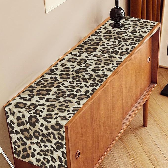 Leopard Print Table Runner, Animal Fur Print Western Style Table Runner Country Farmhouse Cottage Cow Pattern Linen Table Decoration for Home Kitchen Dining 13x36