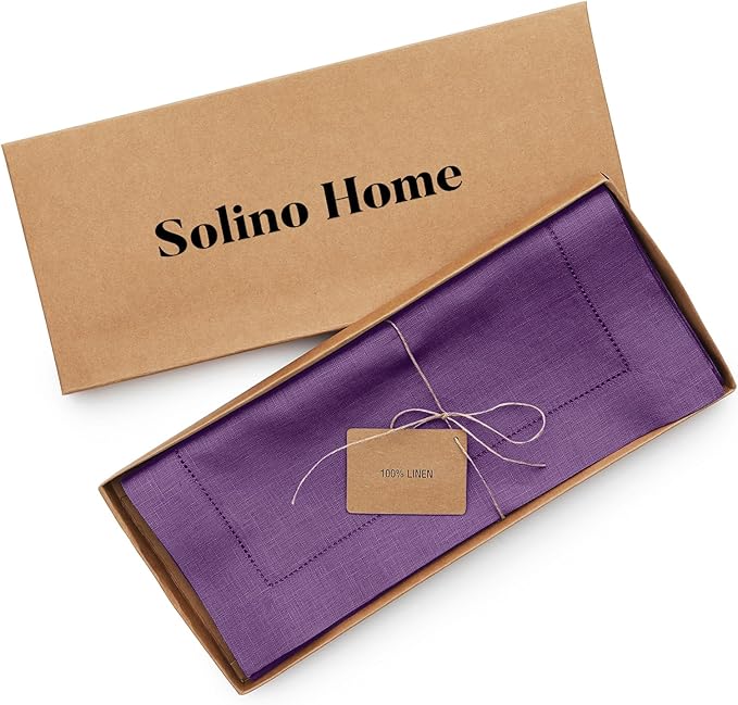 Solino Home Linen Table Runner 90 Inches Long - Classic Hemstitch 100% Pure Linen Purple Dining Table Runner 14 x 90 Inch for Valentines, Spring, Easter