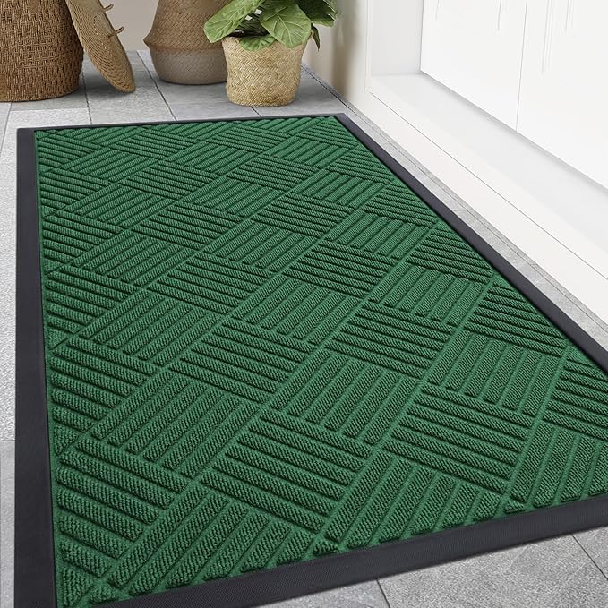 Smiry Front Door Mat Outside Entrance, Heavy Duty Outdoor Indoor Natural Rubber Doormat, Non Slip, Trap Dirt and Moisture, Easy Clean, Low Profile Patio Porch Entryway Mat, 59x35, Green