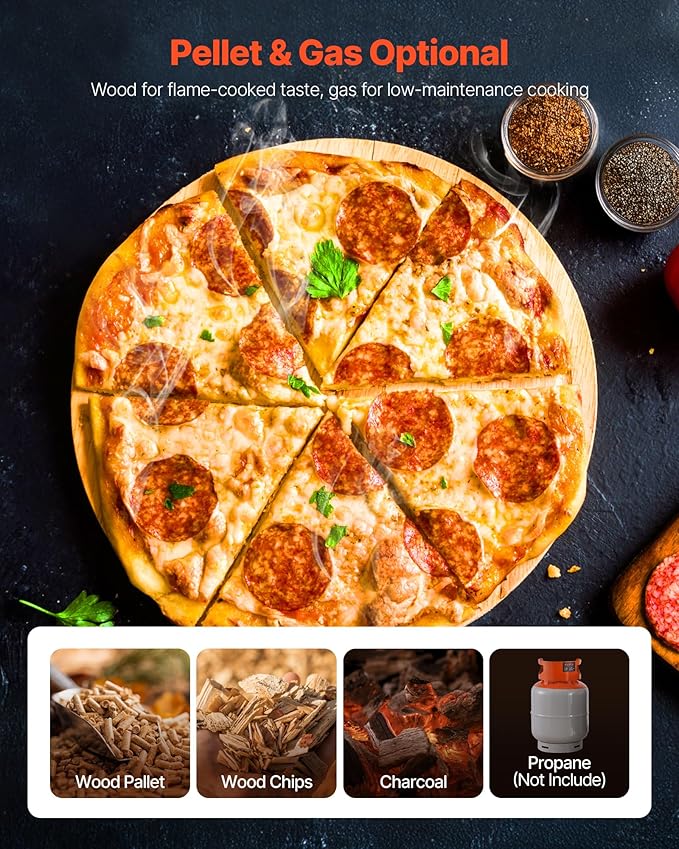 VEVOR Dual Fuel Outdoor Pizza Oven, 12" Auto-Rotating Propane & Wood Pellet Pizza Ovens, Multi-Fuel Pizza Maker with Electric Rotation System & Thermometer, for Outside Patio Camping & Backyard