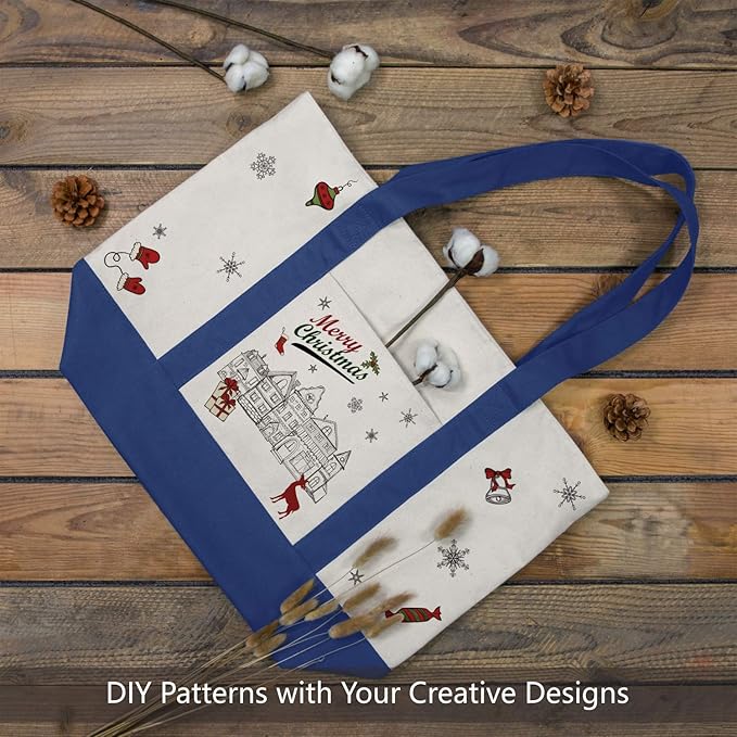 TOPDesign 3-Pack Canvas Tote Bags with an External Pocket, Reusable Grocery Shopping Bags, Top Zipper Closure, Daily Essentials (Blue/Natural)