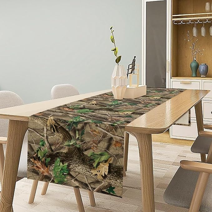 Forest Camouflage Table Runner, Camo Conifer Oak Branches Mossy Hunting Lodge Camp Cabin Table Runner for Kitchen Dining Room Party Camping 13x108in