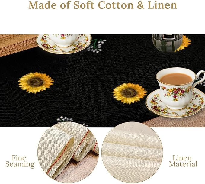 Sunflower Table Runner,Spring Summer Watercolor Floral Plants Leaves Print Table Runner for Kitchen Dining Table Home Holiday Party Indoor Outdoor Decor 13x36in