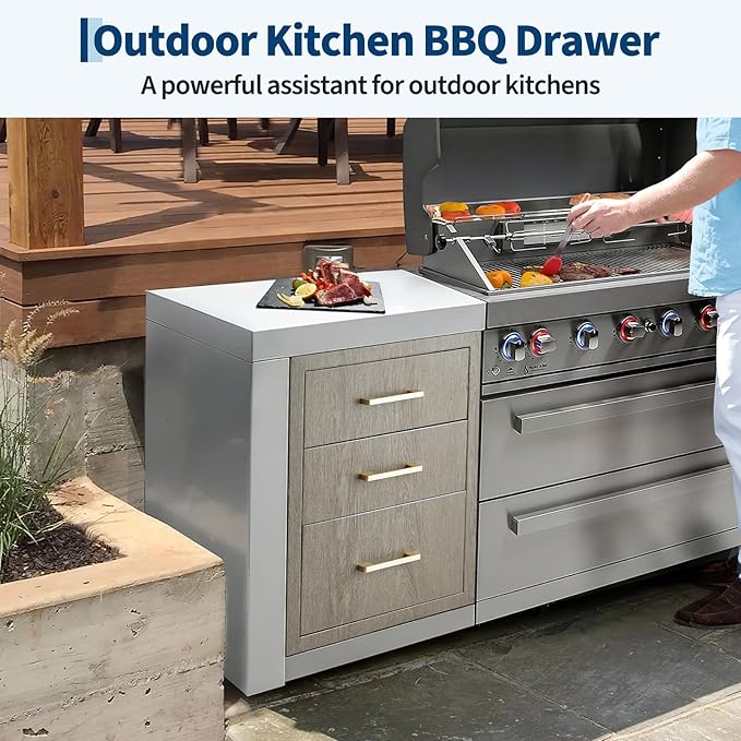 Stainless Steel Outdoor Kitchen Triple Drawers 14" W x 20.3" D x 23" H - Heavy Duty with Handles, Weather-Resistant Flush Mount for BBQ Island, Patio Grill & Outdoor Cooking Space