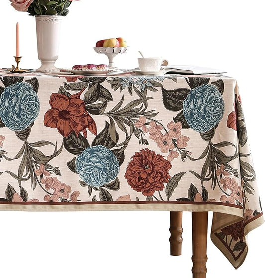 French Linen Tablecloth for Rectangle Table,Red and Blue Floral Durable Extra Long Tablecloths,Decor Table Cover for Kitchen,Dining,Thanksgiving,Farmhouse,63" × 110"-Burgundyred