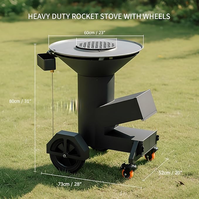3-in-1 Rocket Stove with Griddle, Grate & Pot Rack, Large Wood BBQ Grill with Wheels, Ash Tool & Cover, Outdoor Stove for Patio Barbecue Cooking Backyard Camping RV Tailgating, GS346