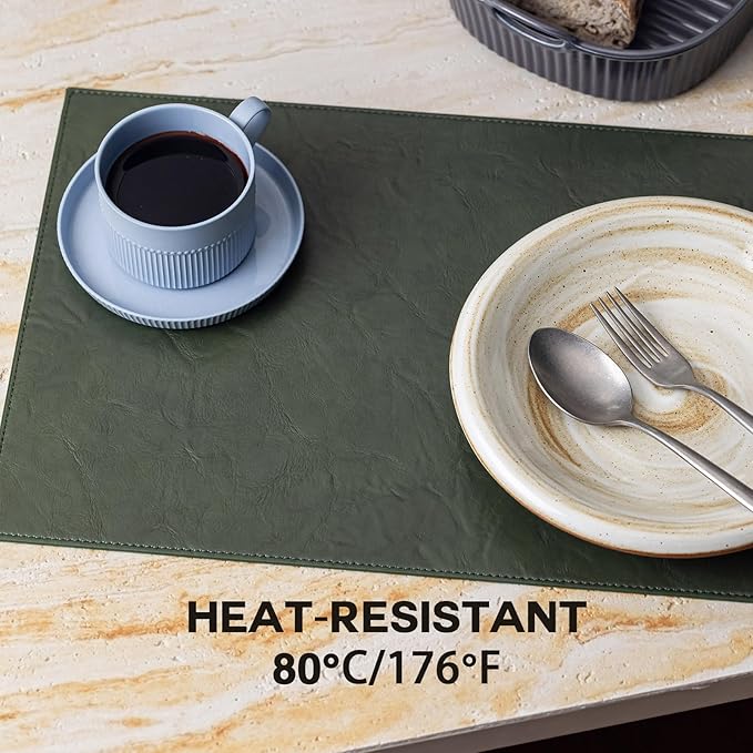 Faux Leather Placemats Set of 6 Vinyl Washable Wipeable Table Mats for Kitchen Dining Table Heat Resistant Waterproof Indoor/Outdoor Placemats Non-Slip Easy Clean Place Mats (Olive Green)