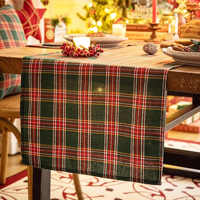 Green Red Plaid Christmas Table Runner, Winter Holiday Table Runners 36 inches Long, Xmas Decorations Indoor Outdoor Farmhouse Home Kitchen Dining Party Decor