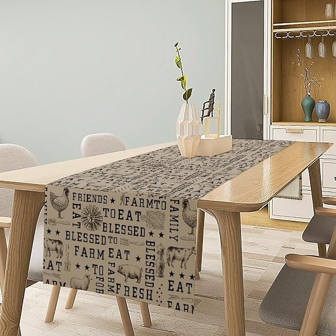 Farmhouse Animal Table Runner, Vintage Country Cow Chicken Sheep Pig Rustic Western Windmill Print Table Runner for Home Dining Kitchen Table Indoors Outdoors Party, 13x90inch
