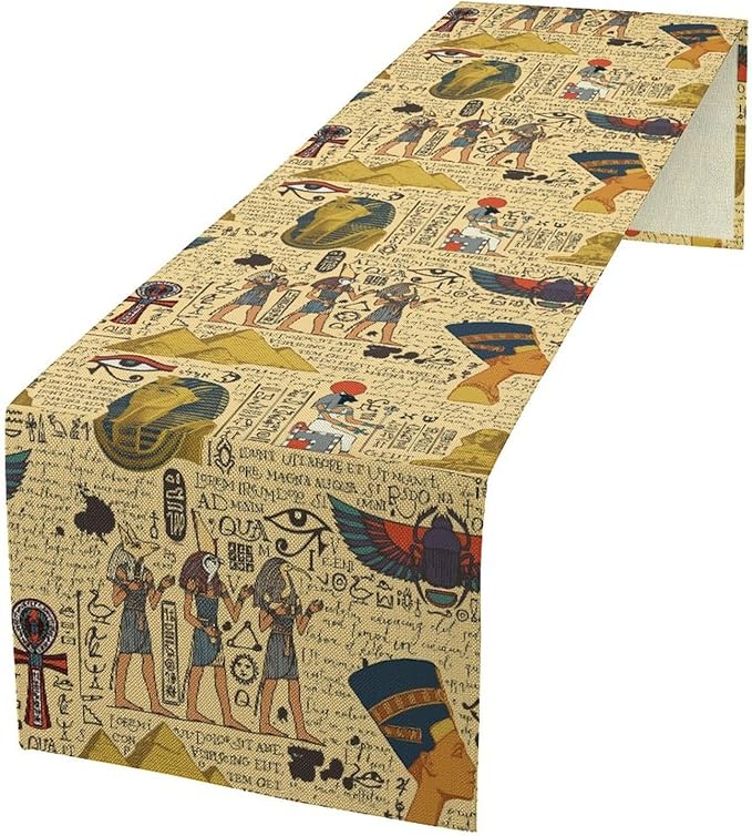 Ancient Egypt Table Runner, Egyptian Symbols Vintage Gold Pharaoh Pyramid Design Table Runner for Kitchen Family Dining Holiday Party 13x90in
