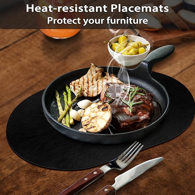 ADRIMER Placemats, Heat Resistant Oval Placemats Set of 8 Washable 12 x 17 Inch, Waterproof Table Mats, Wipeable Pu Place Mats for Kitchen, Dining Room, Black