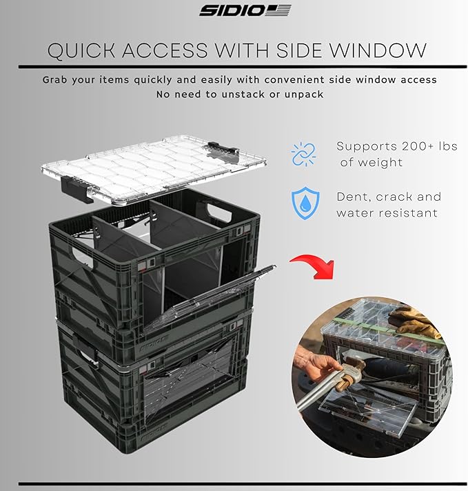 SIDIO Full-Size Collapsible Crate - Heavy Duty Stackable Storage Bin with Lid & 2 Short-Ways Dividers, Durable Plastic Organizer for Home, Office, Garage & Outdoor Use (Slime)