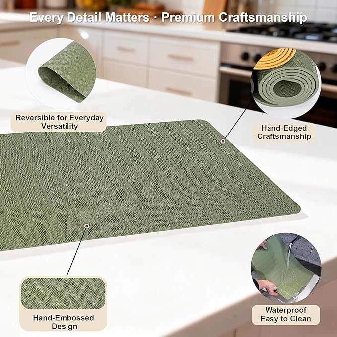 Faux Leather Placemats Set of 6 – 17x12 Inch Vinyl Table Mats, Heat Resistant, Non Slip, Wipeable & Washable, Easy to Clean Dining Table Decor for Kitchen & Dining Room（Olive Green）