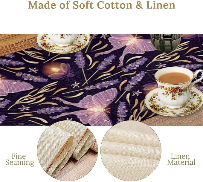 Purple Moth Table Runner,Retro Butterfly Flower Print Table Runner for Wedding Holiday Indoor Outdoor Party Home Decor 13x108in