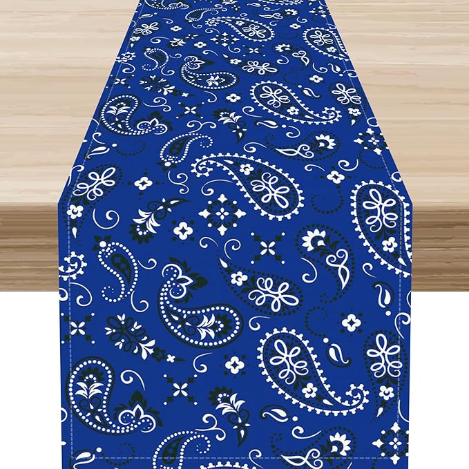 Blue Paisley Table Runner, Vintage Damask Antique Floral Flower Boho Damask Swirled Rustic Coffee Table Center Decor for Family Kitchen and Living Room Outdoor Table Decorations, 13"x72"