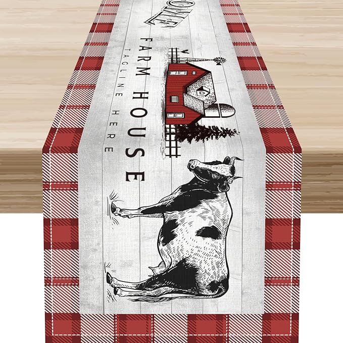 Farmhouse Cow Table Runner, Rustic Red Plaid Animals Buffalo Coffee Table Center Decor for Family Kitchen Dining Room and Living Room Outdoor Country Holiday Party Table Decorations, 13" X 108"