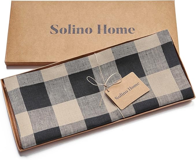 Solino Home Linen Checkered Table Runner 36 Inches - 100% Pure Linen Natural and Black Buffalo Plaid Short Table Runner 14 x 36 Inch Ideal for Dresser and Coffee Tables - Fall, Halloween, Thanksgiving