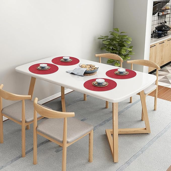Homaxy Round Faux Leather Placemats and Coasters, Washable Dual-Side Table Mats, Wipeable Heat-Resistant Dining Place Mats for Outdoor and Indoor, Set of 6, Diameter 13 and 3.93 inch, Red