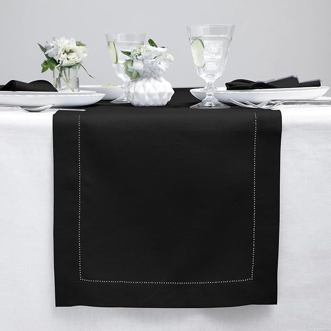 Solino Home Linen Black Table Runner 72 Inches Long - 100% Pure Linen Hemstitch Table Runner 14 x 72 Inch for Dresser, Dining, Spring, Easter - Classic Hemstitch