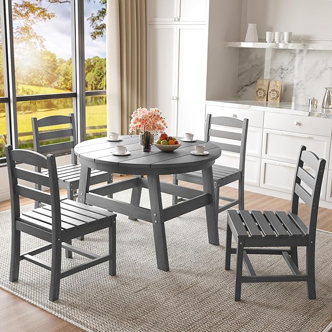 Pamapic 5 PCS Round Outdoor Dining Set, HDPE Outdoor Table and Chairs with 105° Ergonomic Backrest, Wood Grain Patio Dining Table with Umbrella Hole, Gray