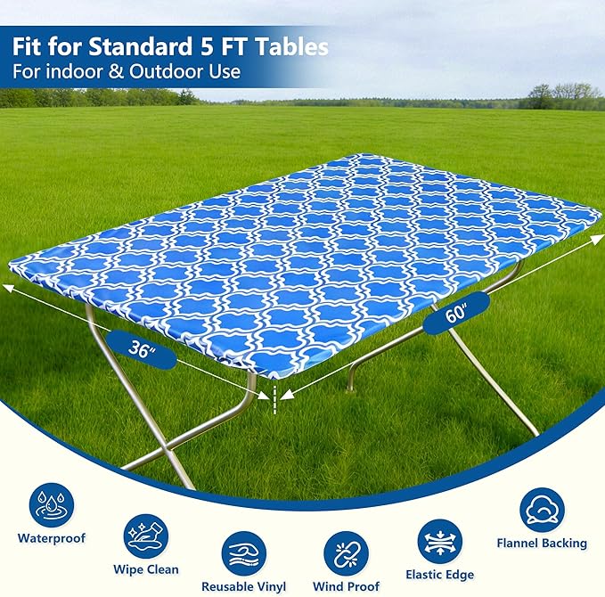 Rectangle Picnic Table Cloth, Elastic Waterproof Fitted Vinyl Tablecloths for 5 Foot Tables, Wipeable Flannel Backed Table Covers for Dining, Camping, Outdoor(Blue,36"x60")